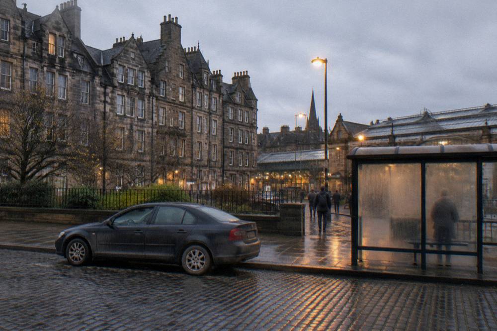 A car parked on a cobbled street beside historic stone buildings and a bus stop shelter