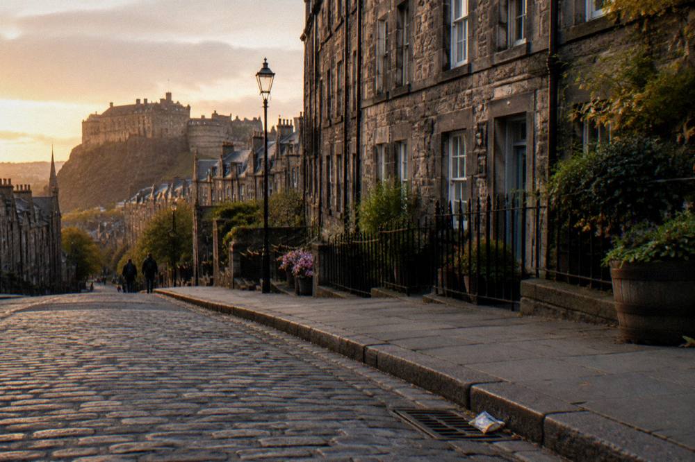 Cobblestone street with Edinburgh Castle on hill in distance, stone buildings, street lamp, pedestrians