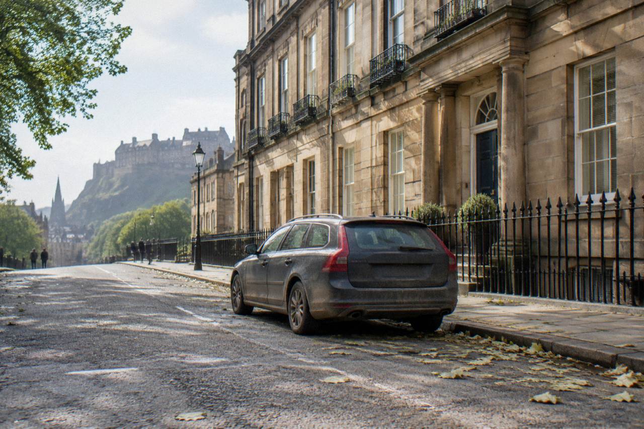 A parked car on a quiet Edinburgh street with Georgian terraced buildings