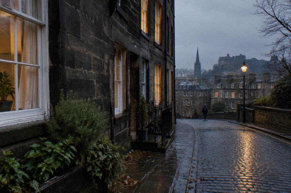 A wet cobbled street lined by old stone buildings, with a lit lamppost and distant castle silhouette