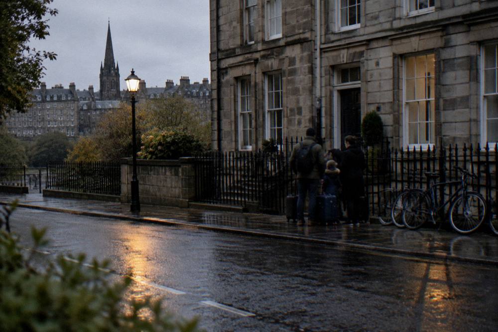 People with rolling suitcases outside stone townhouses on a rainy evening street with a church spire