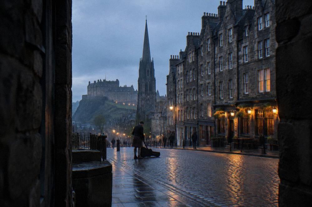 Royal Mile street scene with historic stone buildings and a church spire