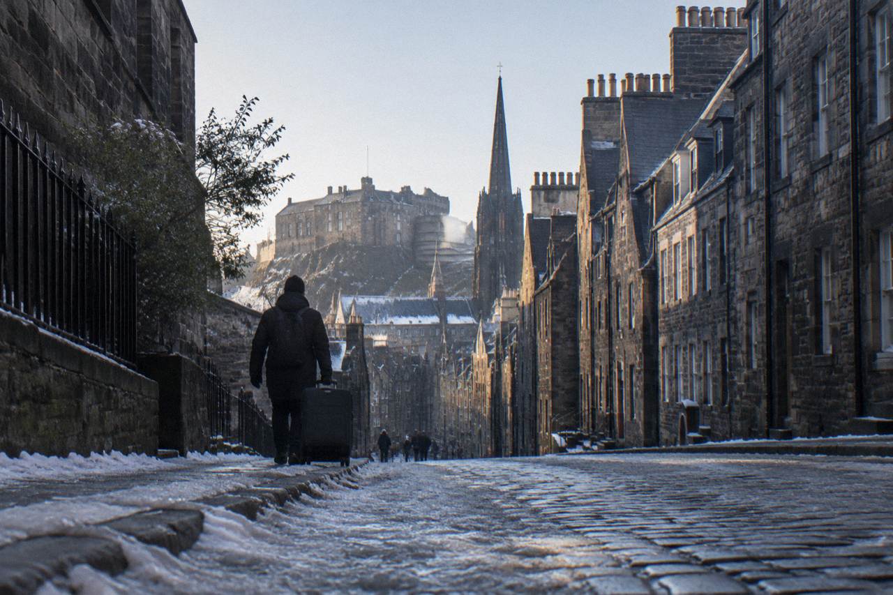 Cobbled Old Town street with tall stone tenement buildings in Edinburgh