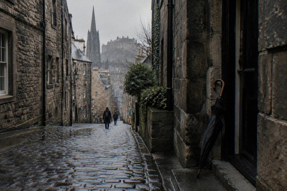 Cobbled close running between tall stone tenements in Edinburgh's Old Town