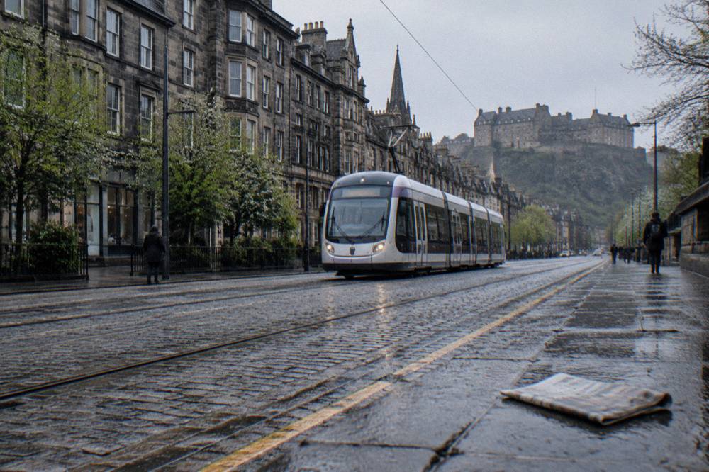 Tram travelling along a central Edinburgh street lined with stone buildings