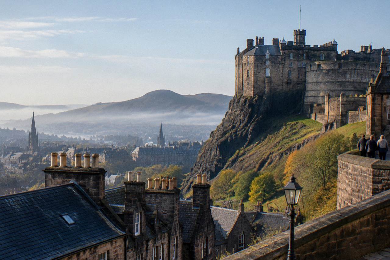 Georgian and Victorian buildings rising above rooftops in central Edinburgh with a castle crag in the distance