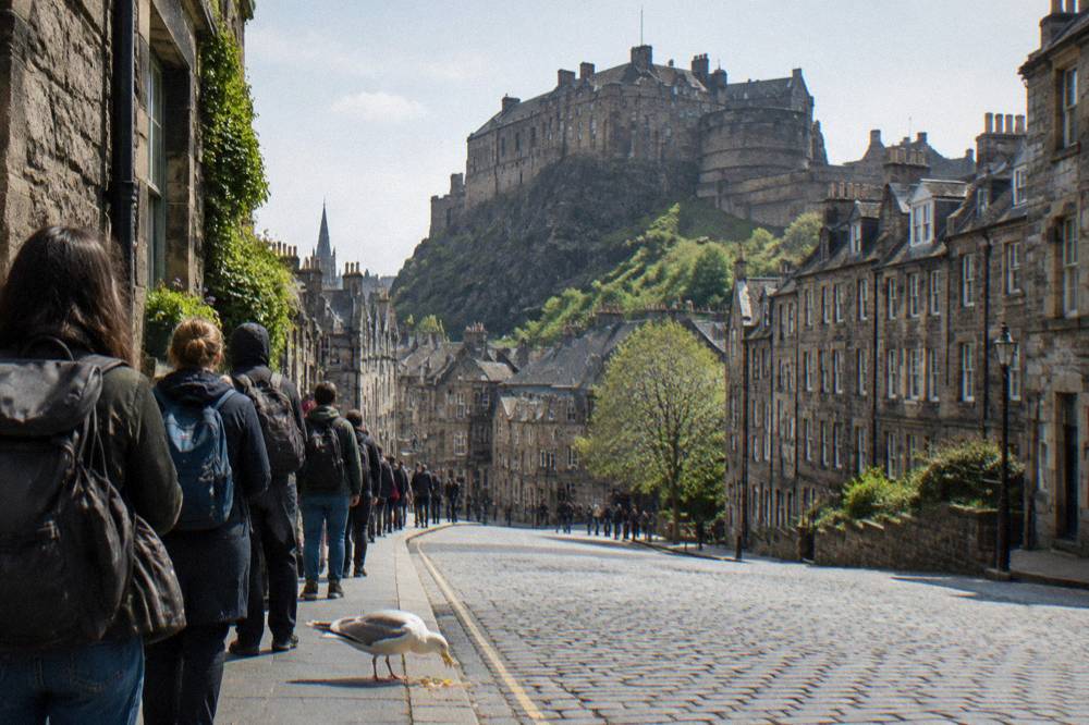 Stone buildings rising above a busy historic street with a castle in the background