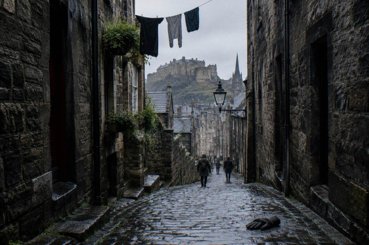 Cobbled close between stone tenement buildings on the Royal Mile in Edinburgh