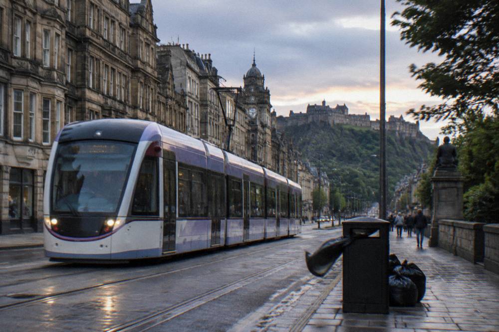 A tram moving along a city street with stone buildings on either side