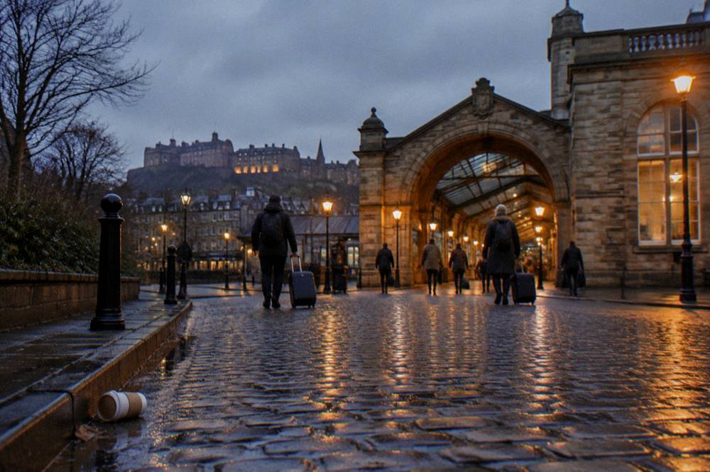 Evening light on a railway station entrance with travellers passing