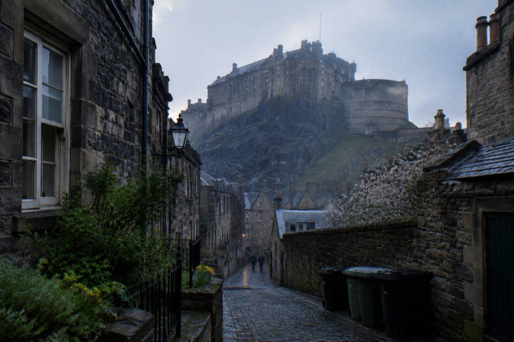 Cobbled lane between stone buildings leading toward a castle silhouette