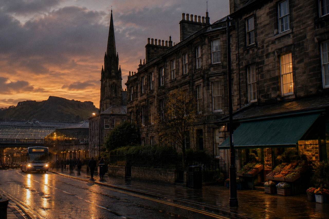 Georgian terraced buildings and a church spire beside a busy Edinburgh street at dusk