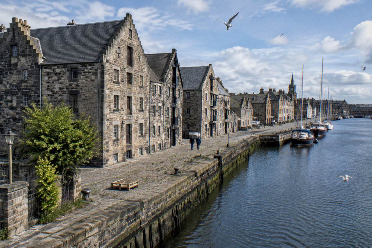 The Shore area of Leith with quayside buildings along the Water of Leith