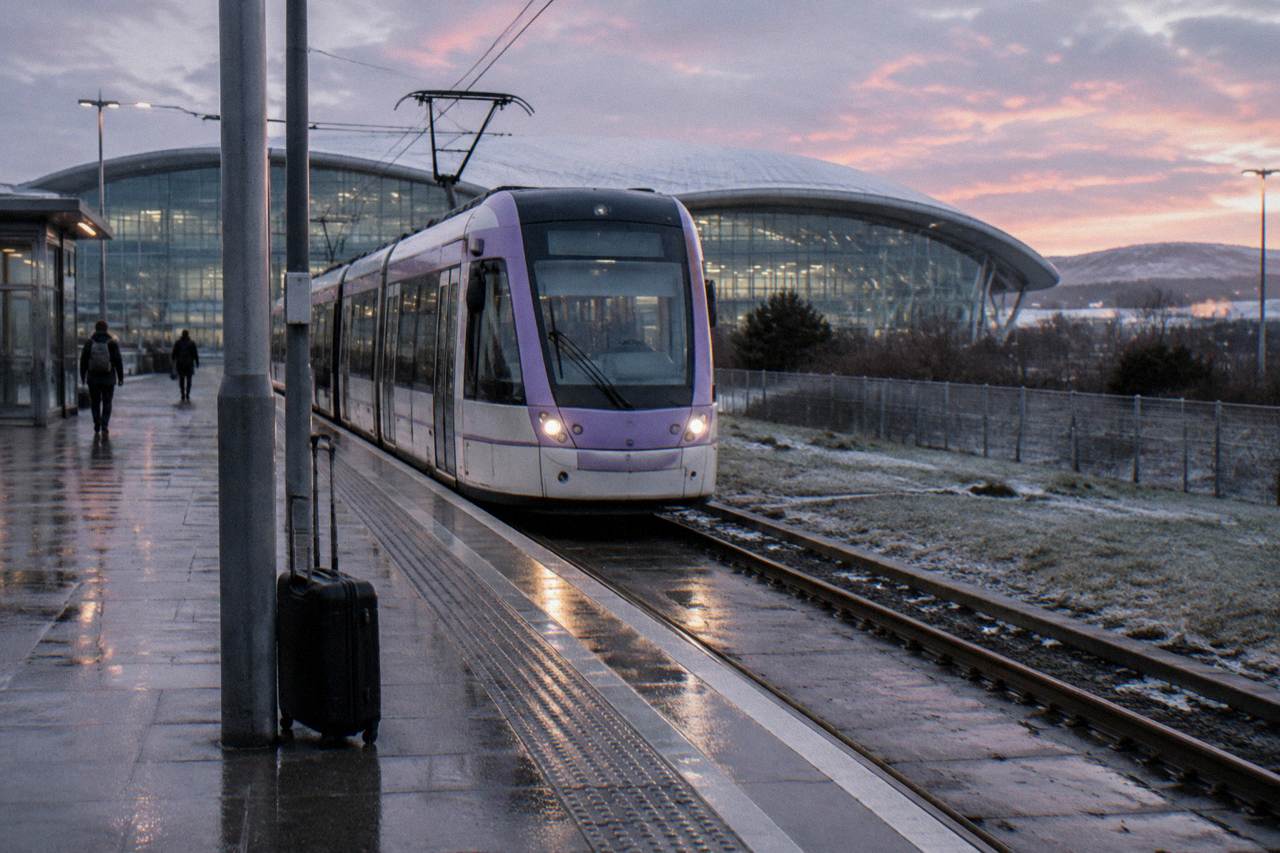 Edinburgh Airport terminal building at dawn with a tram passing on the adjacent track