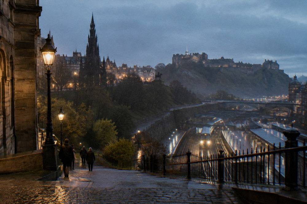 Princes Street and the Mound looking towards the Old Town and castle from New Town side