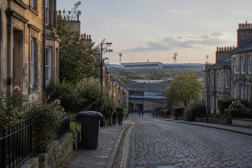 Murrayfield Stadium seen from a quiet residential street in west Edinburgh