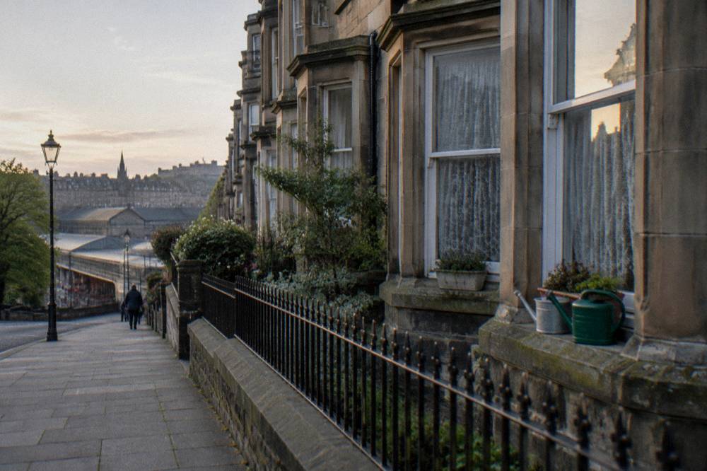 Quiet residential street of Victorian terraces near Haymarket in west Edinburgh