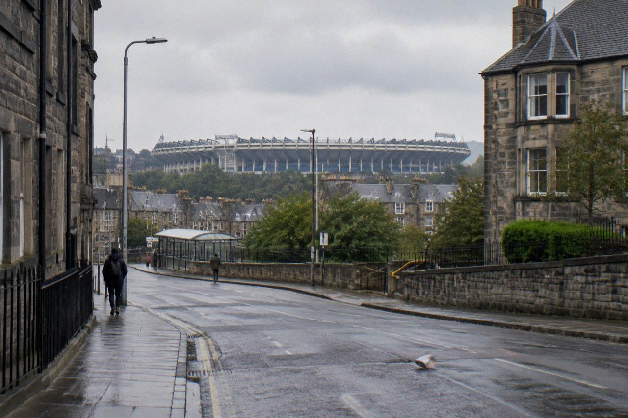 Murrayfield Stadium exterior in Edinburgh on an overcast day