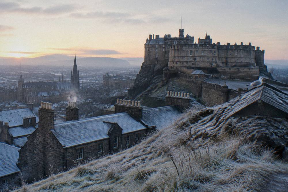 Frost-covered rooftops of Edinburgh Old Town seen from a hillside in pale winter light