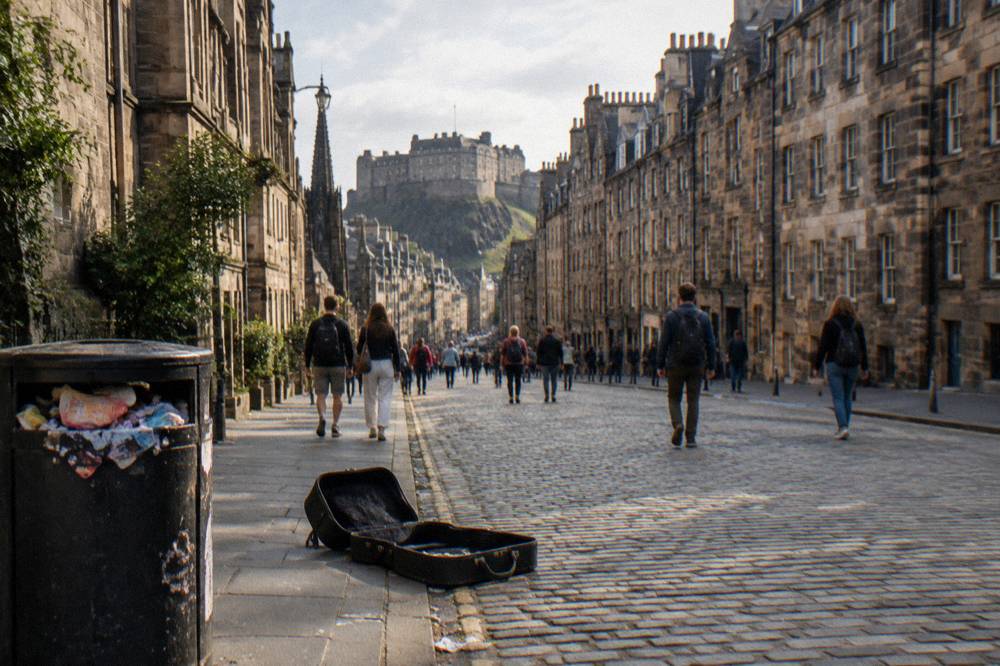 Cobblestone street with Edinburgh Castle on the hill, sparse pedestrians, an open instrument case and a bin