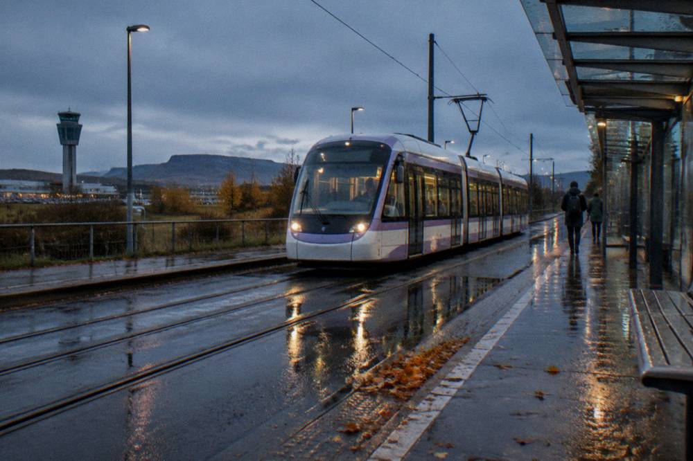 Tram passing along a wet Edinburgh street at dusk with lit shopfronts