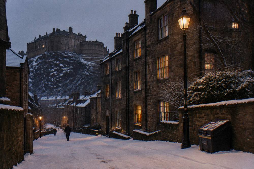 Warm-lit Edinburgh tenement windows at dusk above a quiet snowy street
