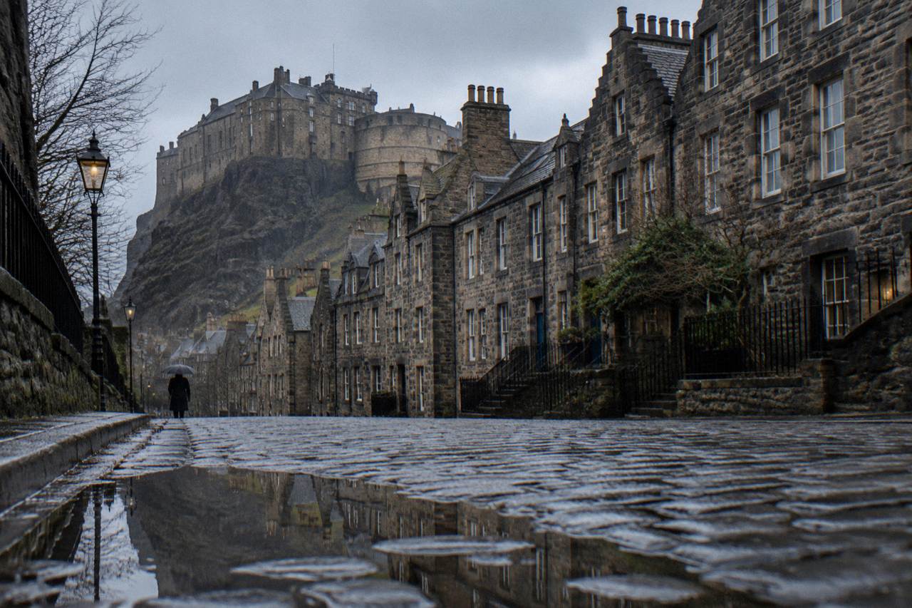 Rain-slicked Edinburgh street with castle silhouette in winter light