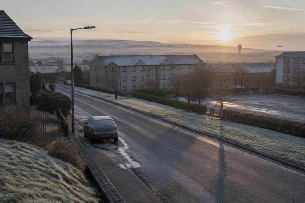 Frosty residential street at sunrise with parked car and a distant airport control tower