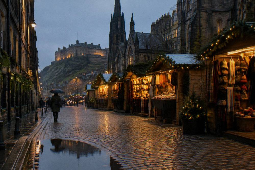 Festive market stalls with warm lighting along a stone street in evening light