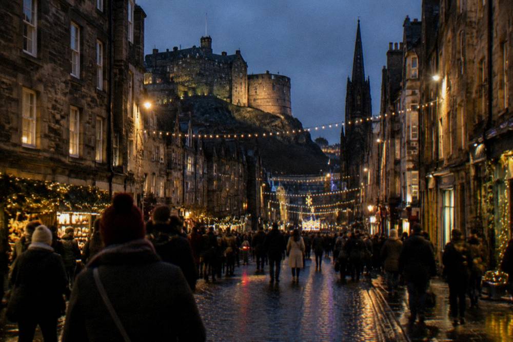 Crowds gathered on a wide street beneath festive lights at night