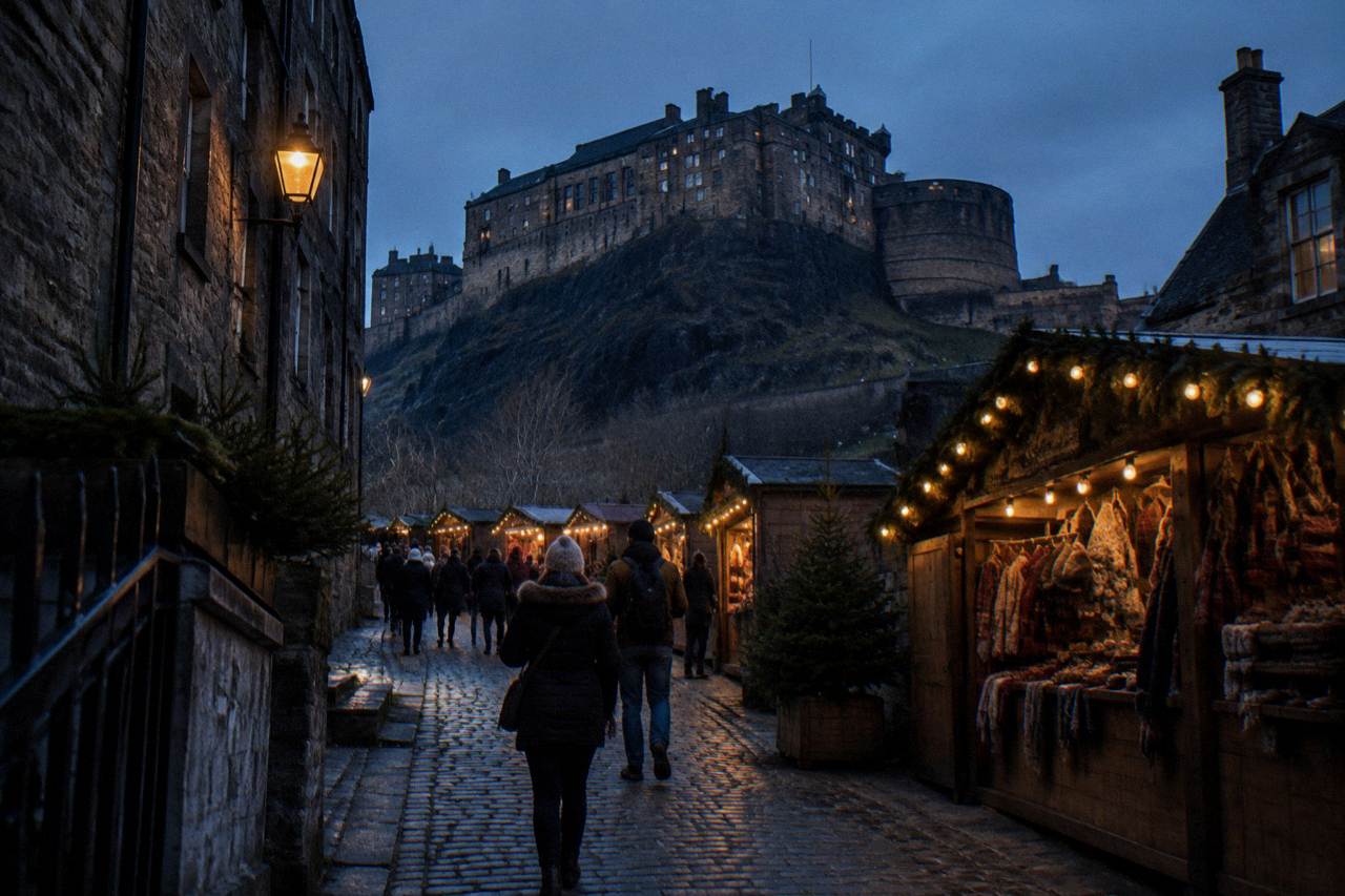 Christmas market stalls and string lights along a cobbled Edinburgh street with the castle silhouette above
