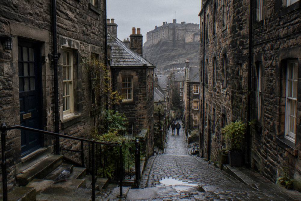 Cobbled close in the Old Town with stone tenement walls rising on both sides