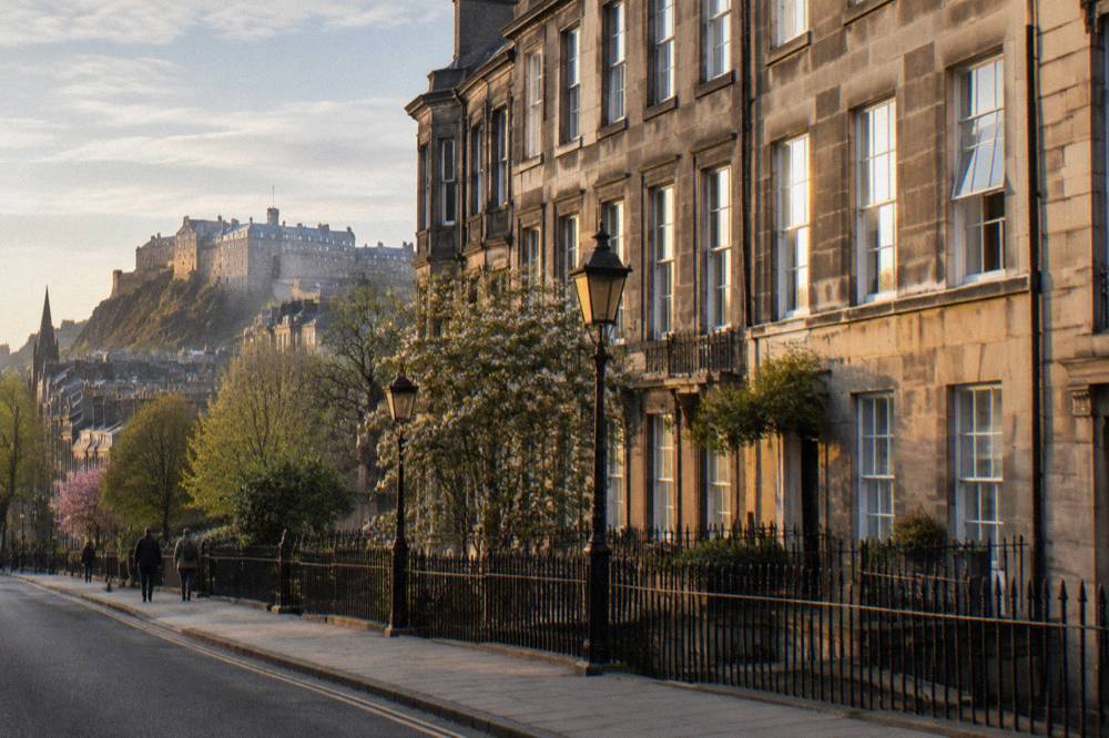 Georgian terrace street with sash windows and parked cars in evening light