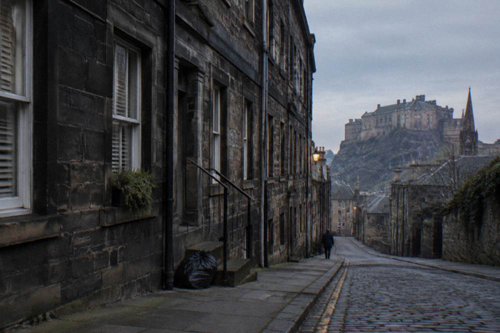 A cobblestone street lined with old stone buildings leading toward a castle on a hill