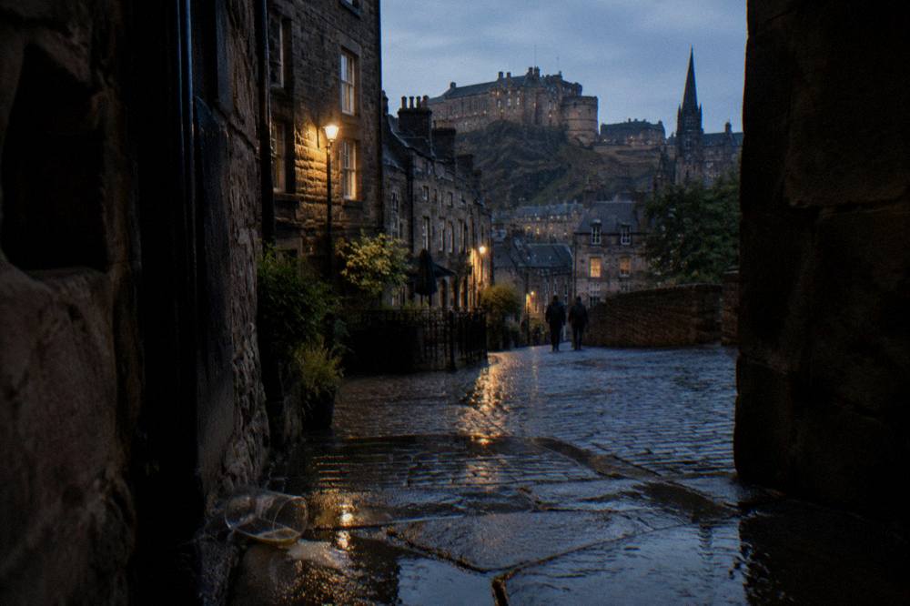 Old stone buildings on a narrow Edinburgh close with wet cobbles reflecting evening light