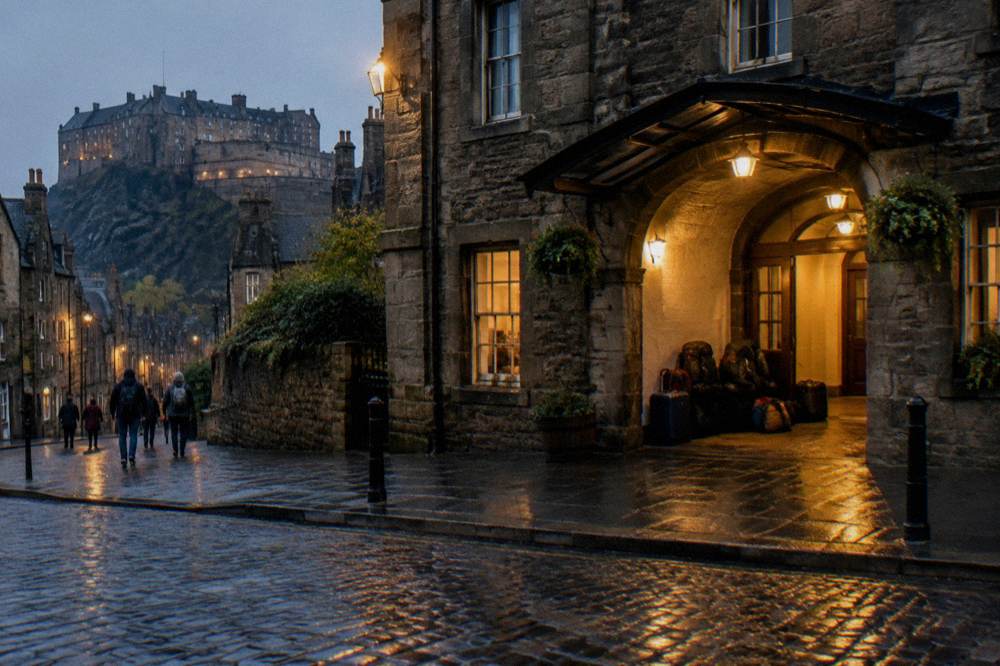 A wet cobblestone street at dusk, lit stone buildings, luggage by an arched entrance, castle on a hill