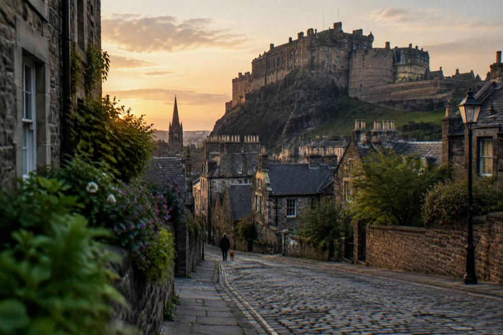 Cobbled Edinburgh street with castle rock rising above rooftops in evening light