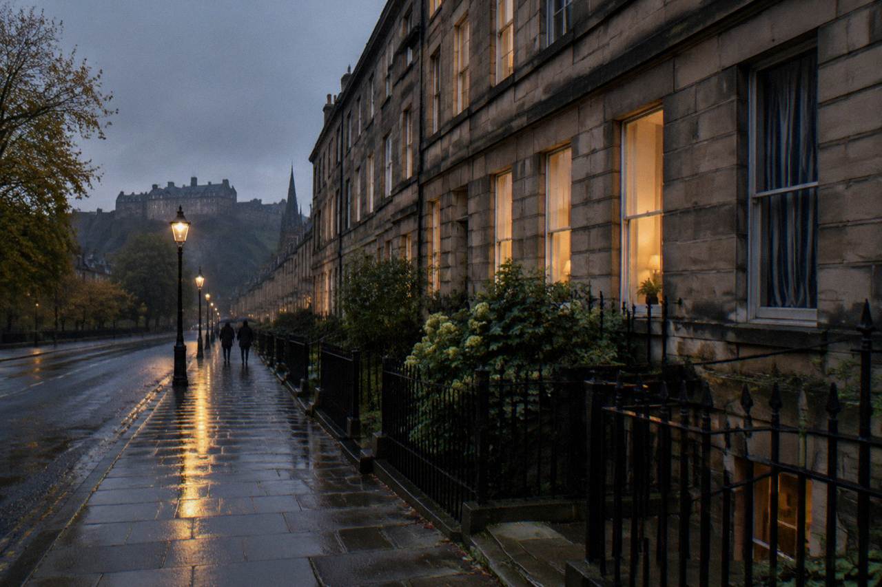 Georgian terrace buildings along a quiet Edinburgh street at dusk