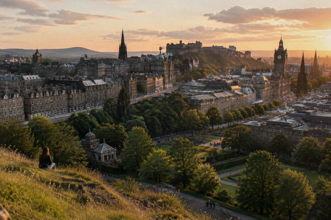 Calton Hill viewpoint above Edinburgh city rooftops at golden hour