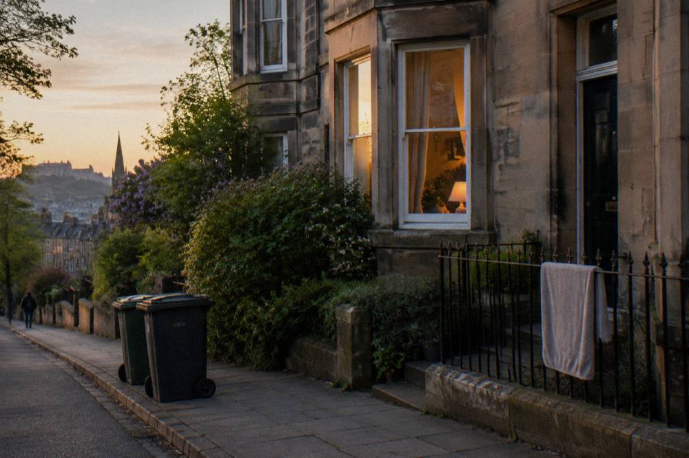 Stone terraced houses at dusk with wheelie bins, railings and a lit bay window
