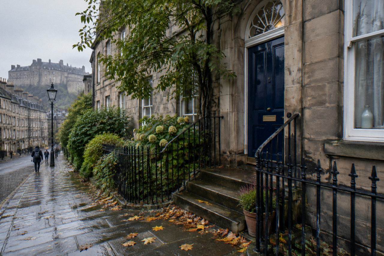 Georgian terrace guest house with stone steps and a front door beside a leafy Edinburgh street