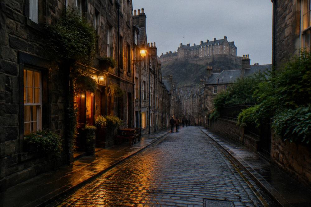 A wet cobbled street lined with old stone buildings at dusk, castle on hill