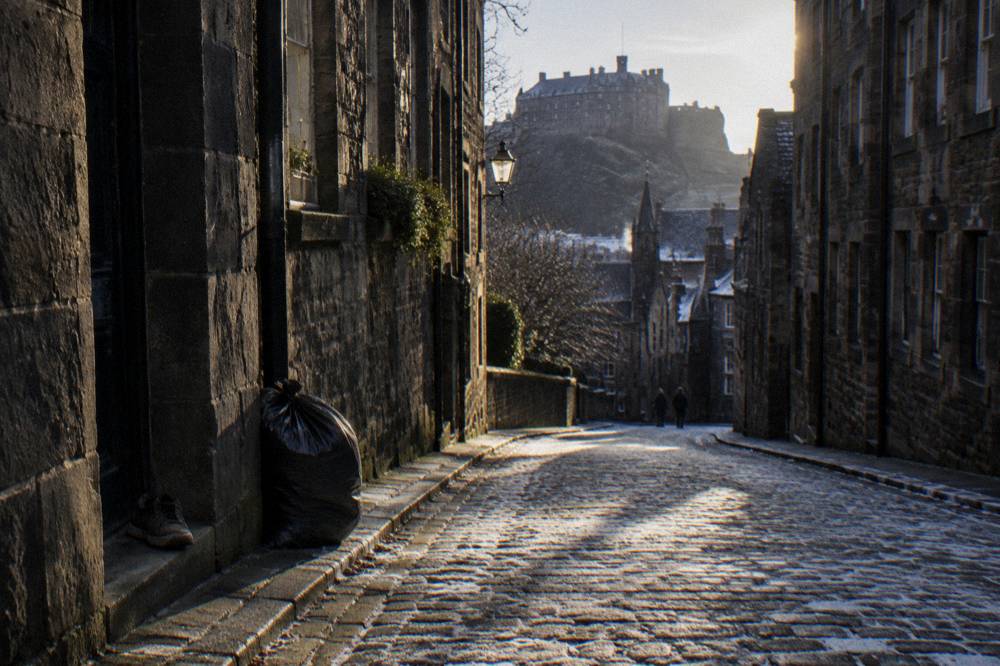 Empty cobbled close in the old town with stone walls in winter light