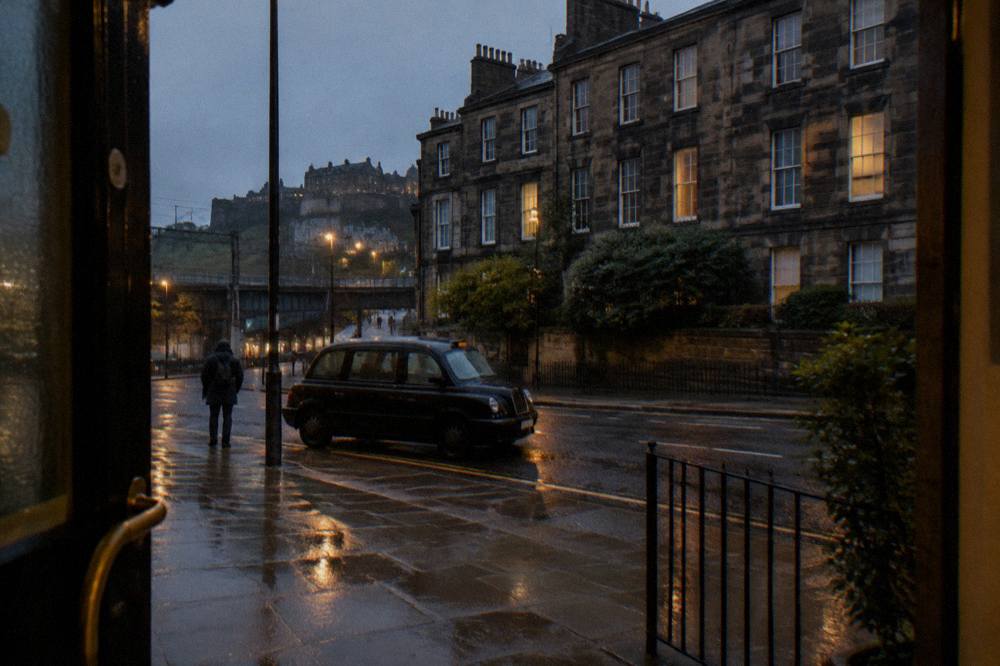 A rainy Edinburgh street with a black taxi, stone buildings and the castle seen through a doorway