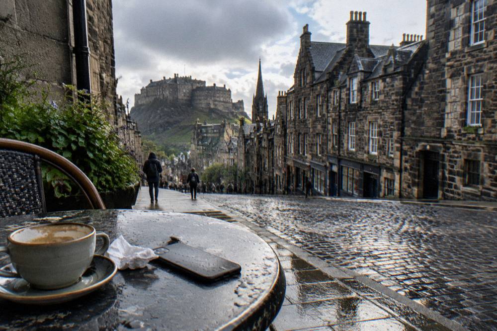 Phone and coffee cup on a cafe table overlooking a cobbled street toward Edinburgh Castle