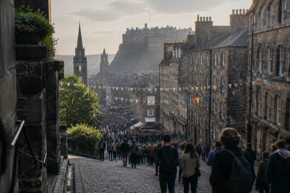 Crowded Royal Mile in Edinburgh during festival season with banners overhead