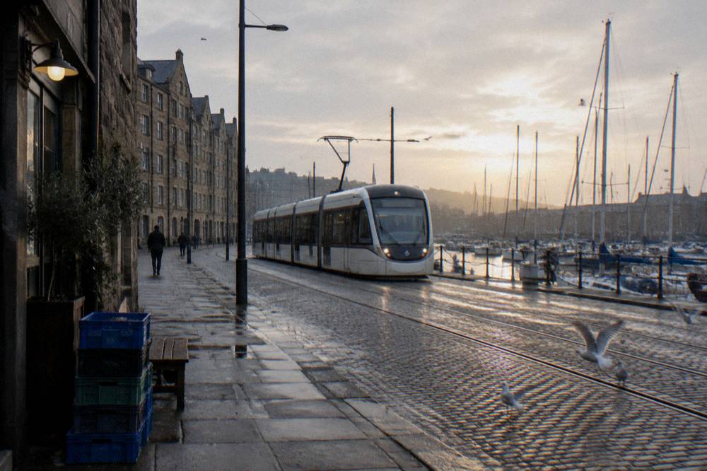 Leith waterfront row of stone buildings with a tram passing on the street beside the water