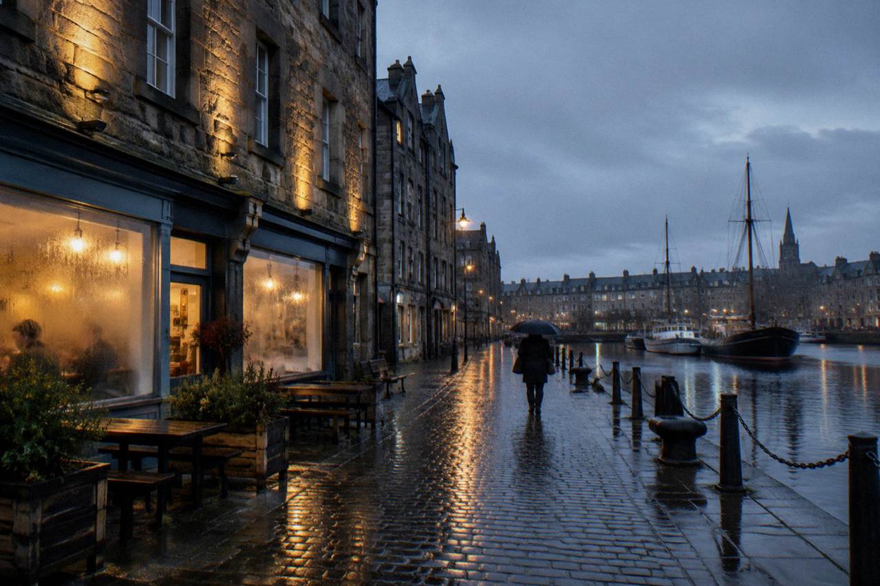 Rain-slicked Edinburgh street at dusk with lit hotel windows above a stone terrace