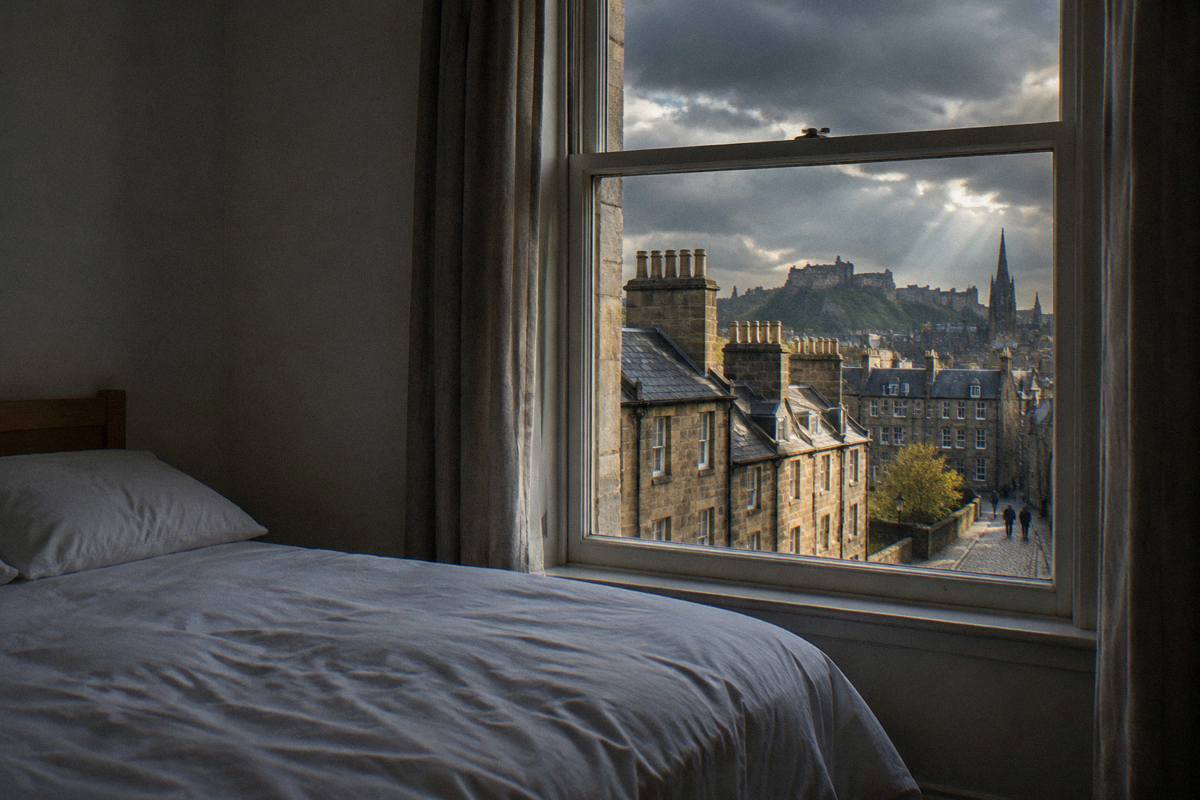 A plain, tidy budget room with a view over Edinburgh rooftops