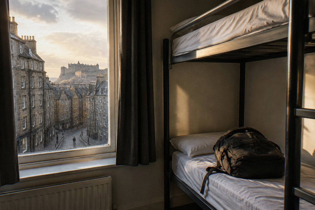 A backpack on a bed in a plain shared hostel-style room